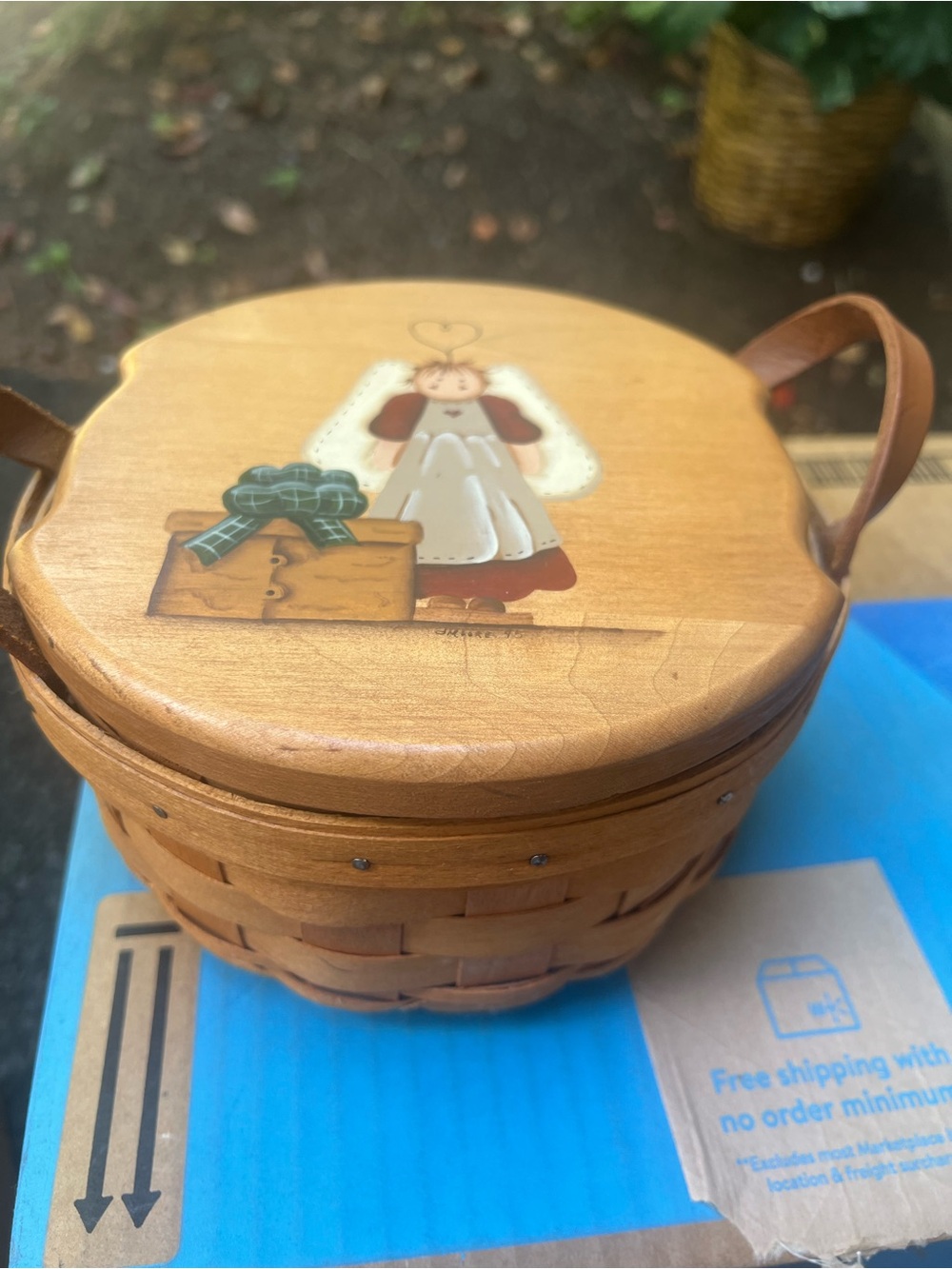 Longaberger Hand-Painted Angel Wooden Basket in Natural Brown and Cream